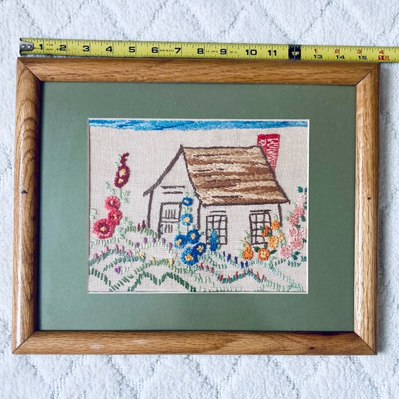 Vintage Embroidery Needlework Cottage And Garden Scene - Cottagecore framed art - Picture 6 of 14